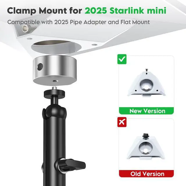 Alt view image 5 of 7 - ® Clamp Mount for Starlink Mini and Starlink Mini X | Adjustable Aluminum Pole Bracket,1/4" & 3/8" Threads, 0.6"-1.57" Clamp, Tool-Free Setup for RV, Roof Rack, Boat & Pipe