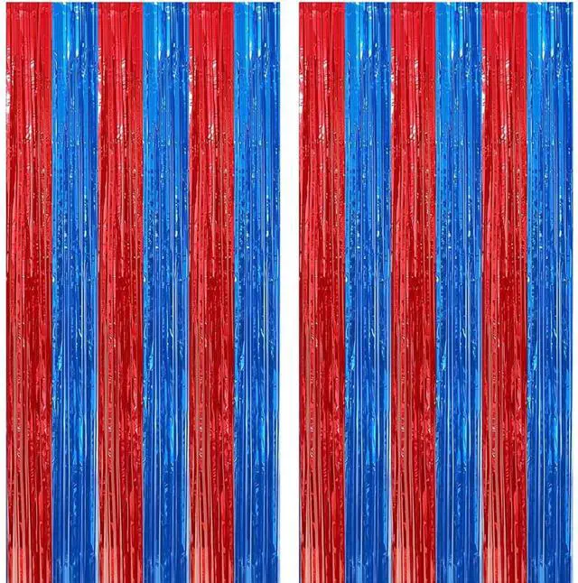 Main image of 4 Pack Red and Blue Foil Fringe Curtains Backdrops 3.3x6.6 ft | Photo Booth Prop Tinsel Streamer Birthday Graduation Bachelorette Bridal Wedding Baby Shower Party Decoration Supplies