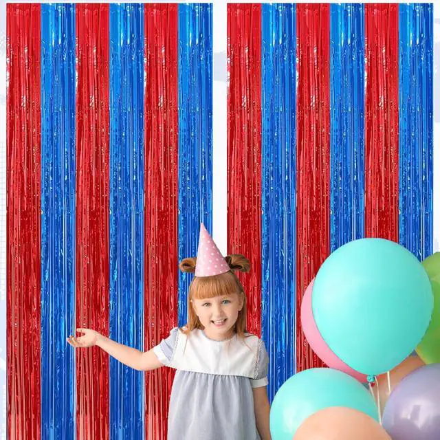 Alt view image 2 of 5 - 4 Pack Red and Blue Foil Fringe Curtains Backdrops 3.3x6.6 ft | Photo Booth Prop Tinsel Streamer Birthday Graduation Bachelorette Bridal Wedding Baby Shower Party Decoration Supplies