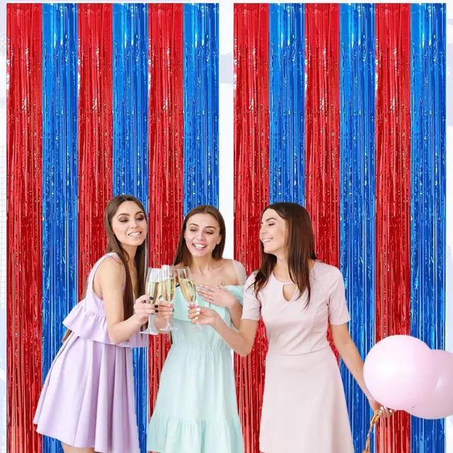 Alt view image 5 of 5 - 4 Pack Red and Blue Foil Fringe Curtains Backdrops 3.3x6.6 ft | Photo Booth Prop Tinsel Streamer Birthday Graduation Bachelorette Bridal Wedding Baby Shower Party Decoration Supplies