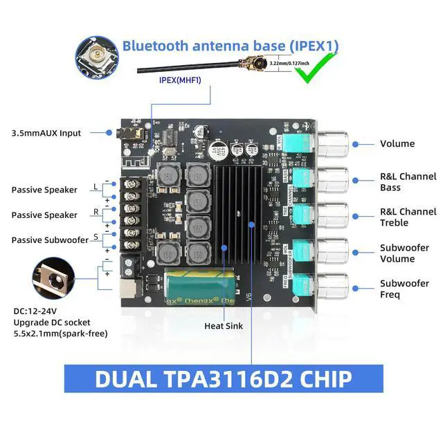 Alt view image 2 of 6 - ZK-TB21 50WX2+100W Power Amplifier Board, TPA3116D2 Chip with Bluetooth and AUX Inputs, 2.1 Channel Audio Power Amplifier