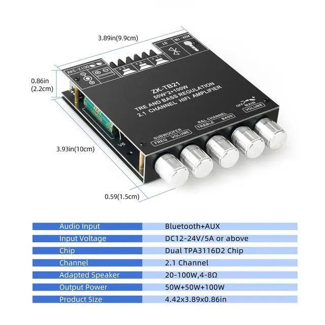 Alt view image 6 of 6 - ZK-TB21 50WX2+100W Power Amplifier Board, TPA3116D2 Chip with Bluetooth and AUX Inputs, 2.1 Channel Audio Power Amplifier