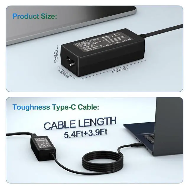 Alt view image 5 of 7 - 45W USB-C Laptop Charger Compatible with HP Chromebook X360 11 14 14-ca051wm 14-ca052wm 14-ca091wm 14-ca0061dx Type C Power Supply Adapter