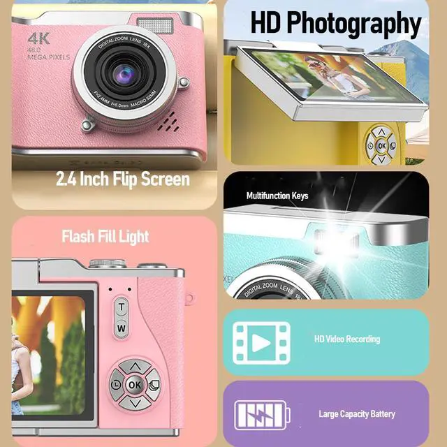 Alt view image 2 of 7 - Digital Camera, 1080P HD 48MP Digital Point & Shoot Camera with 2.4 Inch HD Flip Screen, Built in LED Fill Light, 8X Digital Zoom, for Teens Students (Rose)