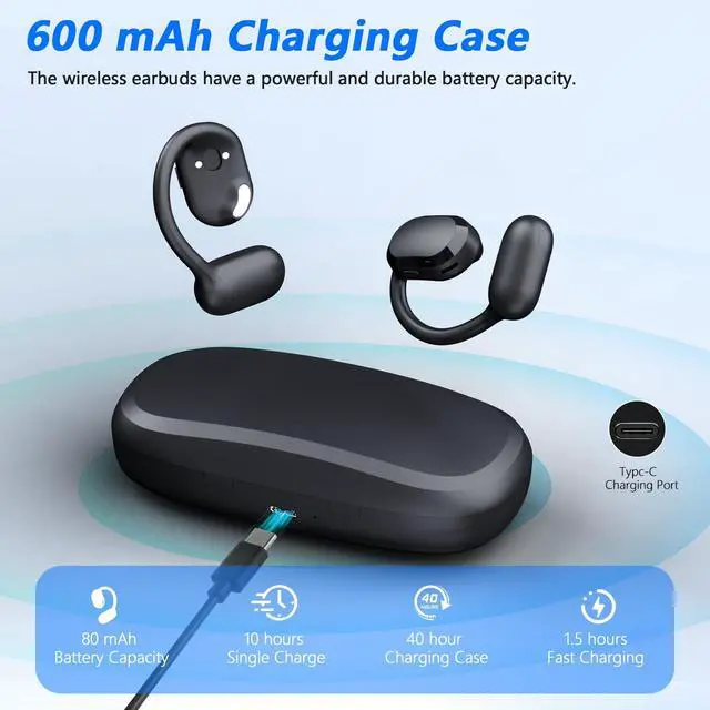 Alt view image 5 of 7 - Open Ear True Wireless Earbuds with Dual Mic for Calling | 10g Light & Comfort, Bluetooth 5.4 Headphones with Earhooks for Working Running Traveling, IP67 Waterproof, 40H Playtime