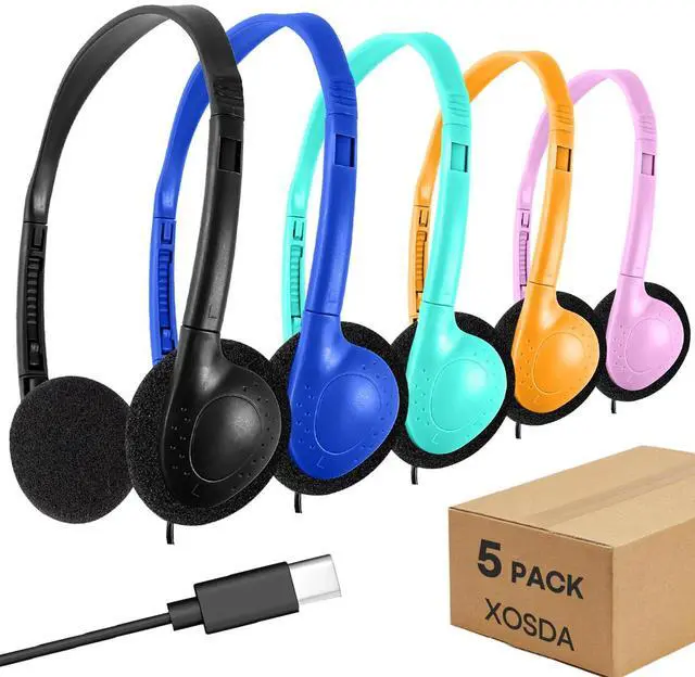 Main image of Type C Kids Headphones Bulk 5 Pack for Classroom School Students, USB C Wired Headphones Class Set for Boys Girls Adults Tablet Smartphones(5 Mixed)