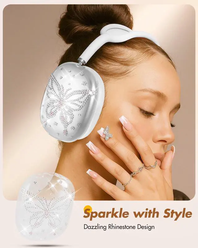 Alt view image 4 of 6 - for Airpods Max Headphone Case - Durable Soft TPU Protective Cover (Anti-Scratch,Anti-Fingerprint) for AirPods Max Cover,Clear Bling Headphones Case with Rhinestones for Women,Butterfly