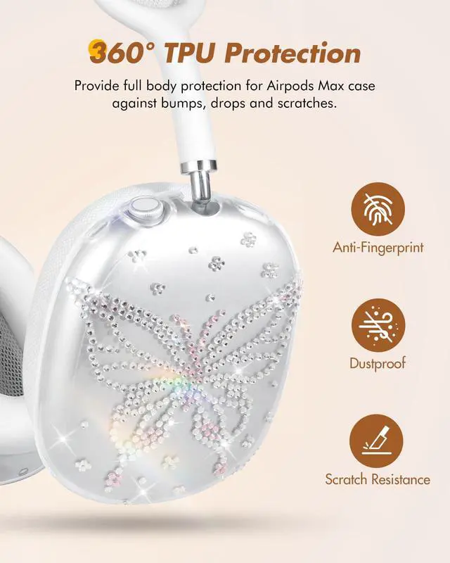 Alt view image 6 of 6 - for Airpods Max Headphone Case - Durable Soft TPU Protective Cover (Anti-Scratch,Anti-Fingerprint) for AirPods Max Cover,Clear Bling Headphones Case with Rhinestones for Women,Butterfly