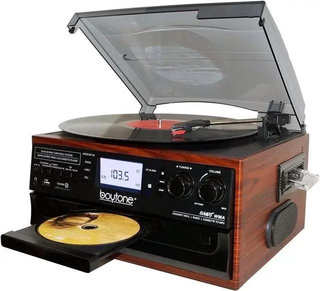 Main image of BT-22M, Bluetooth Record Player Turntable, AM/FM Radio, Cassette, CD Player, 2 Built in Speaker, Ability to Convert Vinyl, Radio, Cassette, CD to MP3 Without a Computer, SD Slot, USB, AUX