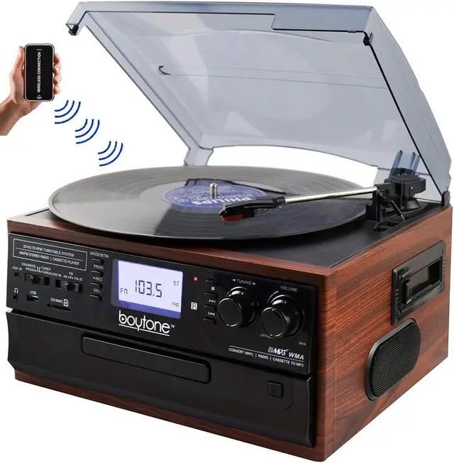 Alt view image 2 of 7 - BT-22M, Bluetooth Record Player Turntable, AM/FM Radio, Cassette, CD Player, 2 Built in Speaker, Ability to Convert Vinyl, Radio, Cassette, CD to MP3 Without a Computer, SD Slot, USB, AUX