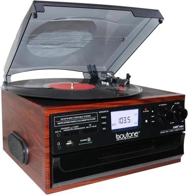 Alt view image 4 of 7 - BT-22M, Bluetooth Record Player Turntable, AM/FM Radio, Cassette, CD Player, 2 Built in Speaker, Ability to Convert Vinyl, Radio, Cassette, CD to MP3 Without a Computer, SD Slot, USB, AUX
