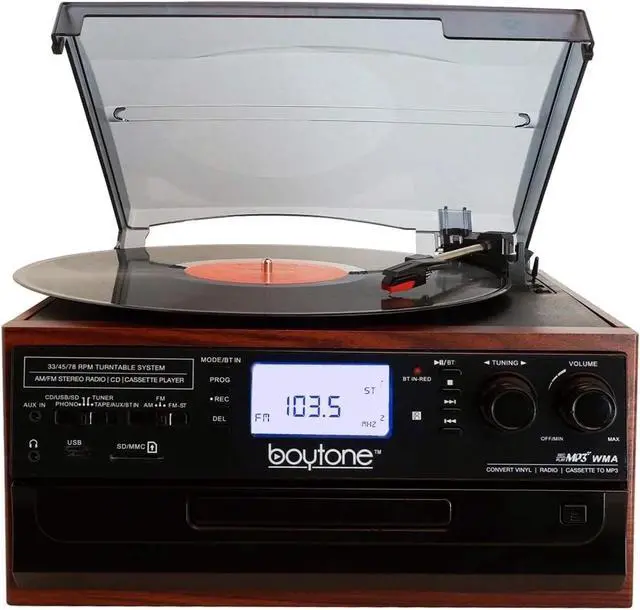 Alt view image 3 of 7 - BT-22M, Bluetooth Record Player Turntable, AM/FM Radio, Cassette, CD Player, 2 Built in Speaker, Ability to Convert Vinyl, Radio, Cassette, CD to MP3 Without a Computer, SD Slot, USB, AUX