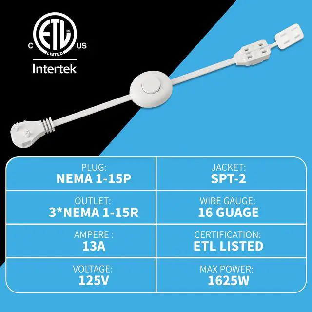 Alt view image 3 of 7 - 2 Prong 3 Outlets Flat Plug Extension Cord 6 FT/2 Pack with Foot Switch & Safety Cover for Floor Lamp Christmas Light Appliance 16AWG 125V 13A Pedal On/Off Inline Push Switch Step On Power Cord-White