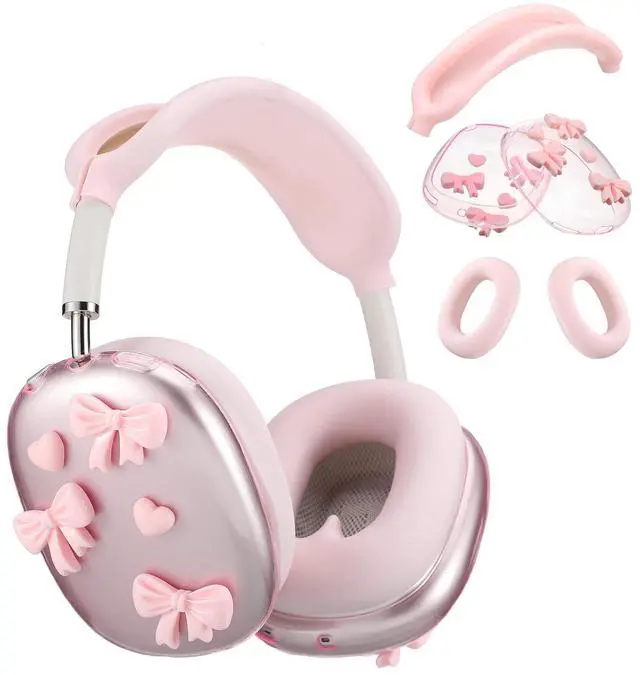 Main image of Pink Bow Silicone Case Cover Compatible with Airpods Max Headphones Cute Bow Clear Heart Compatible with Air Pod Max (USB-C)(2024/2020) Pink Coquettish Ear Pad Protector for Women
