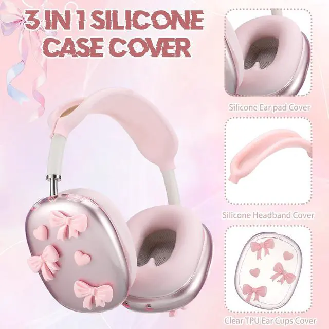 Alt view image 2 of 6 - Pink Bow Silicone Case Cover Compatible with Airpods Max Headphones Cute Bow Clear Heart Compatible with Air Pod Max (USB-C)(2024/2020) Pink Coquettish Ear Pad Protector for Women