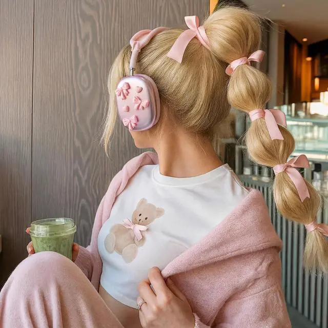 Alt view image 5 of 6 - Pink Bow Silicone Case Cover Compatible with Airpods Max Headphones Cute Bow Clear Heart Compatible with Air Pod Max (USB-C)(2024/2020) Pink Coquettish Ear Pad Protector for Women