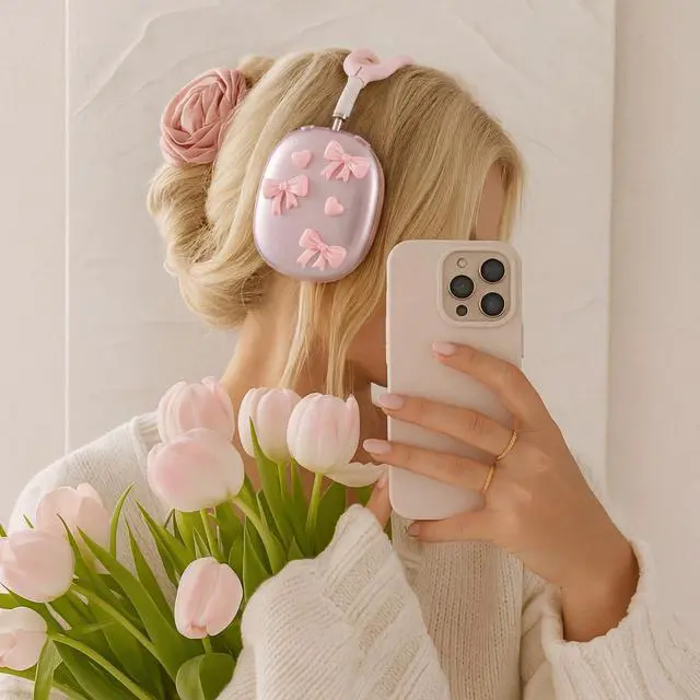 Alt view image 6 of 6 - Pink Bow Silicone Case Cover Compatible with Airpods Max Headphones Cute Bow Clear Heart Compatible with Air Pod Max (USB-C)(2024/2020) Pink Coquettish Ear Pad Protector for Women