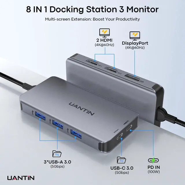 Alt view image 2 of 7 - Laptop Docking Station 3 Monitors, 8-in-1 USB C Dock with 2 HDMI, DP | Docking Station with 4K@60Hz Dual HDMI, DisplayPort, USBA & C Data, 100W PD, Type C Dongle Multiport Adapter for Dell,HP