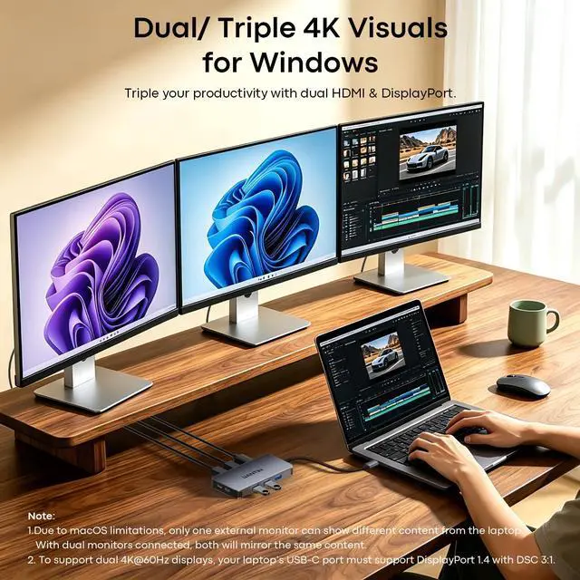 Alt view image 3 of 7 - Laptop Docking Station 3 Monitors, 8-in-1 USB C Dock with 2 HDMI, DP | Docking Station with 4K@60Hz Dual HDMI, DisplayPort, USBA & C Data, 100W PD, Type C Dongle Multiport Adapter for Dell,HP