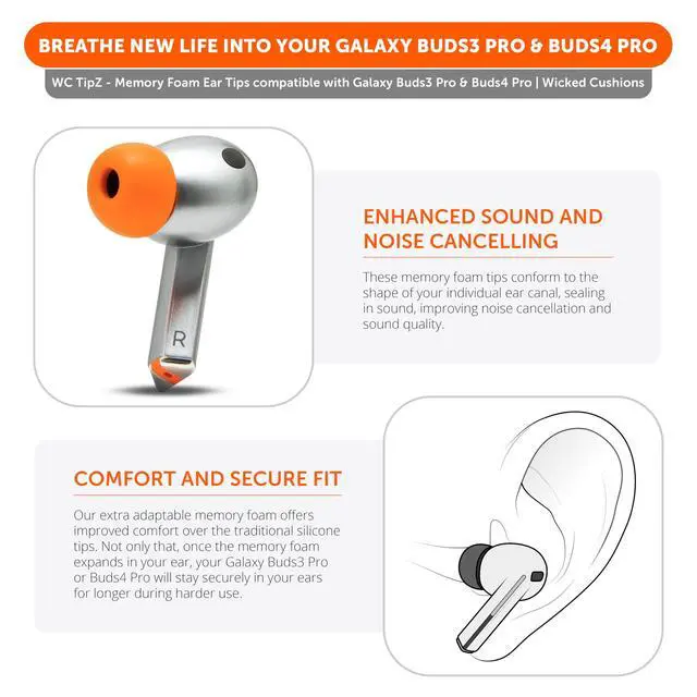 Alt view image 3 of 7 - TipZ Galaxy Memory Foam Ear Tips Compatible with Samsung Galaxy Buds Pro 3 & Pro 4 by Wicked Cushions | Improved Comfort, Tighter Seal & Better Foam Rebound Time | Orange