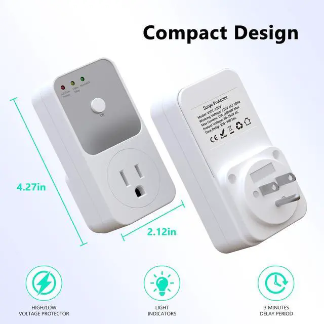 Alt view image 3 of 7 - Surge Protector - 1800W Single Outlet for Refrigerator, TV, PC, Home Appliance - Wall Outlet With Ground & Protected Light Indicators, 120V, 15A, 1 Pack