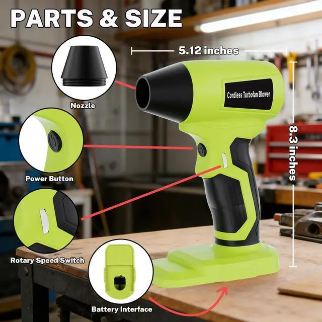 Alt view image 3 of 7 - Cordless Dust Blower Compatible with Ryobi One 18V Battery, Handhled Leaf Blower Electric Compressed Air Duster Turbo Jet Fan with Nozzles for Blowing Leaves and Dust(Battery Not Included)
