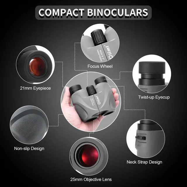 Alt view image 2 of 6 - 8x25 Compact Binoculars, Small Lightweight Handheld Portable Mini Pocket BAK-4 Prism 8.2° Wide Angle View ED Lens Professional HD Optics for Adults Outdoor Travel Bird Watching Hiking Birding Concert
