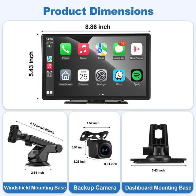 Alt view image 2 of 7 - 9'' Wireless CarPlay Screen for Car, Apple Car Play & Android Auto Car Stereo HD Touchscreen with 4K Dash Cam & 1080P Backup Camera, GPS Navigation & Mirror Link, for Most Vehicles
