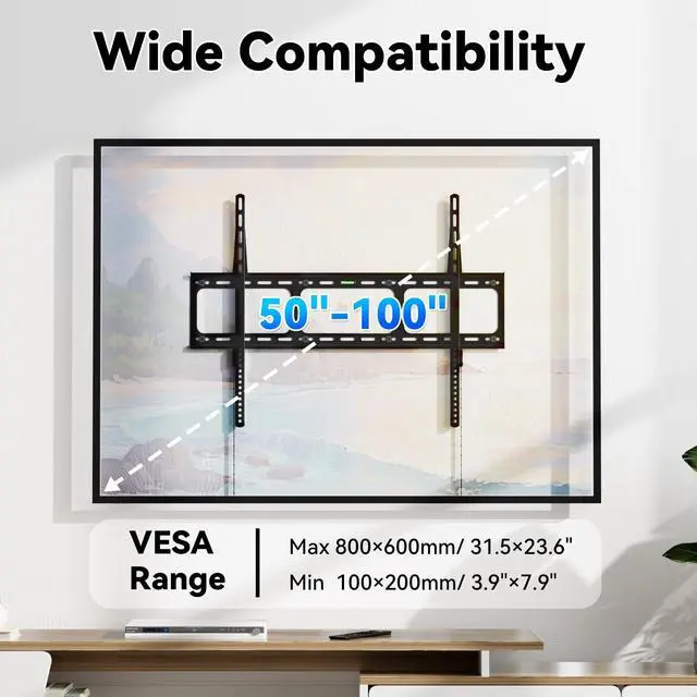Alt view image 3 of 7 - Ultra Slim TV Mount,0.63" Low Profile TV Wall Mount Bracket for Most 50"-100", Fixed TV Wall Mount Fits up to VESA 800x600mm 220lbs, Easy Assembly Flat TV Hanger