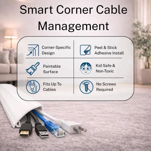 Alt view image 2 of 6 - Easylife 16 Ft Corner Cord Cover Hides Cables Inside a 90 Degree Wall Corner in One Clean Line Paintable Self Adhesive Cable Raceway for Inside Wall and Ceiling Corners No Drill 192 Inch White