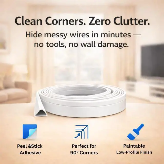 Alt view image 3 of 6 - Easylife 16 Ft Corner Cord Cover Hides Cables Inside a 90 Degree Wall Corner in One Clean Line Paintable Self Adhesive Cable Raceway for Inside Wall and Ceiling Corners No Drill 192 Inch White