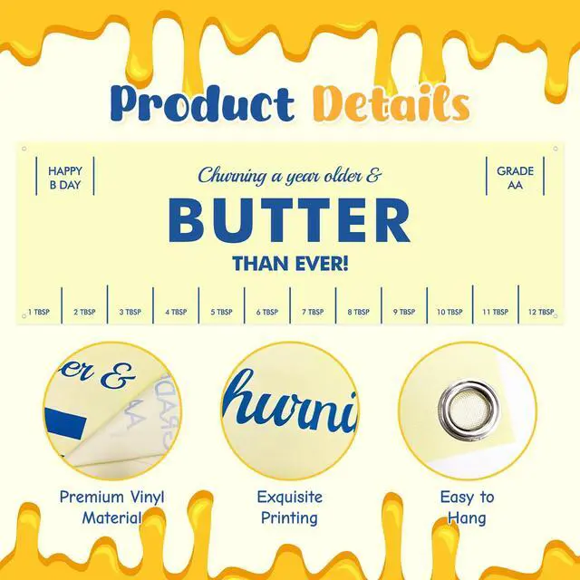 Alt view image 2 of 7 - Butter Party Decorations 72 x 24 Inch Salted Butter Themed Backdrop Banner | 1st Birthday Party Background Yellow Funny Butter Foodie Baking Indoor Outdoor Photo Props Supplies Table Runner