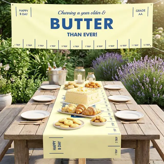 Alt view image 3 of 7 - Butter Party Decorations 72 x 24 Inch Salted Butter Themed Backdrop Banner | 1st Birthday Party Background Yellow Funny Butter Foodie Baking Indoor Outdoor Photo Props Supplies Table Runner