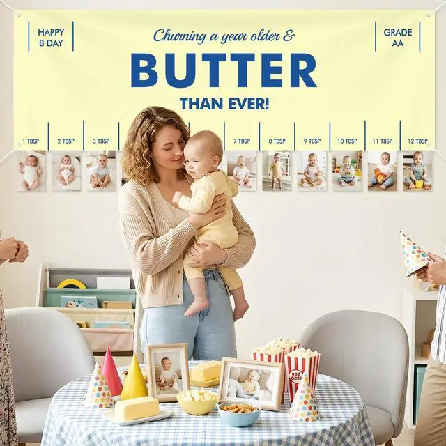 Alt view image 4 of 7 - Butter Party Decorations 72 x 24 Inch Salted Butter Themed Backdrop Banner | 1st Birthday Party Background Yellow Funny Butter Foodie Baking Indoor Outdoor Photo Props Supplies Table Runner