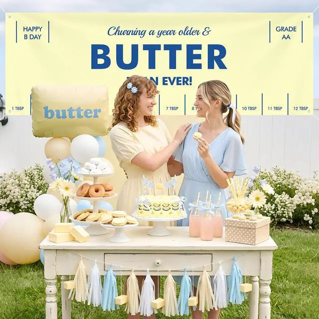 Alt view image 6 of 7 - Butter Party Decorations 72 x 24 Inch Salted Butter Themed Backdrop Banner | 1st Birthday Party Background Yellow Funny Butter Foodie Baking Indoor Outdoor Photo Props Supplies Table Runner