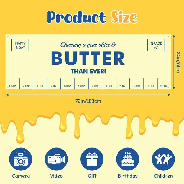 Alt view image 7 of 7 - Butter Party Decorations 72 x 24 Inch Salted Butter Themed Backdrop Banner | 1st Birthday Party Background Yellow Funny Butter Foodie Baking Indoor Outdoor Photo Props Supplies Table Runner