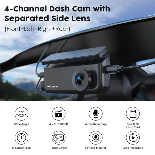 Alt view image 2 of 7 - 4 Channel 360° Dash Cam Detached Side Cameras, 4" Touch Screen | Front Rear Left Right Detached Cameras, GPS, 5G WiFi, Night Vision, Parking Mode, G-Sensor, APP Control, 128GB Card Included