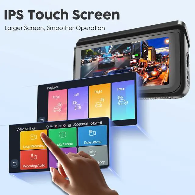 Alt view image 3 of 7 - 4 Channel 360° Dash Cam Detached Side Cameras, 4" Touch Screen | Front Rear Left Right Detached Cameras, GPS, 5G WiFi, Night Vision, Parking Mode, G-Sensor, APP Control, 128GB Card Included
