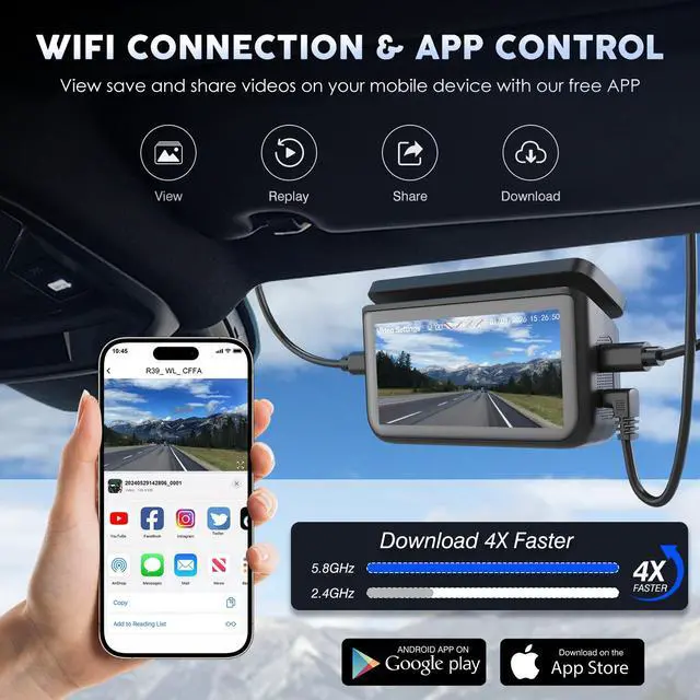 Alt view image 6 of 7 - 4 Channel 360° Dash Cam Detached Side Cameras, 4" Touch Screen | Front Rear Left Right Detached Cameras, GPS, 5G WiFi, Night Vision, Parking Mode, G-Sensor, APP Control, 128GB Card Included