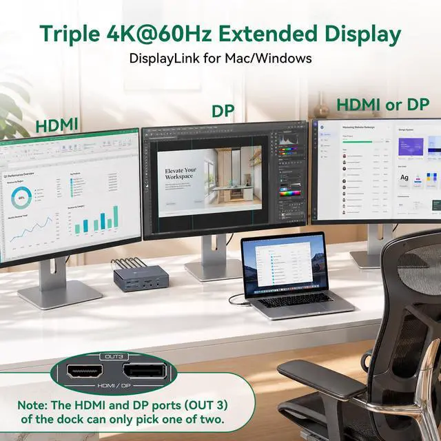 Alt view image 2 of 7 - USB C Docking Station 3 Monitors for MacBook Air Pro Triple 4K@60Hz Extended Display with Dsiplaylink for M5 M4 M3 M2 M1 Laptop USB Dock with 2 HDMI & 2 DisplayPort, PD 100W, QC 18W, USB 3.2 10 Gbps