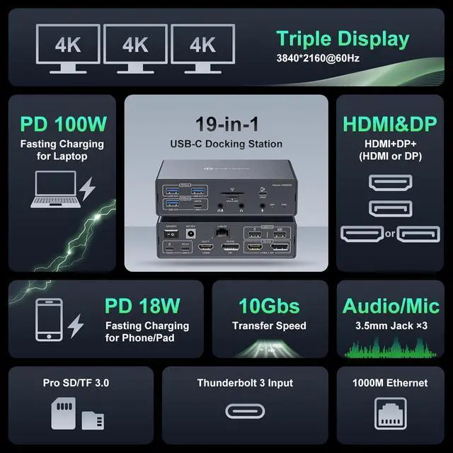 Alt view image 3 of 7 - USB C Docking Station 3 Monitors for MacBook Air Pro Triple 4K@60Hz Extended Display with Dsiplaylink for M5 M4 M3 M2 M1 Laptop USB Dock with 2 HDMI & 2 DisplayPort, PD 100W, QC 18W, USB 3.2 10 Gbps