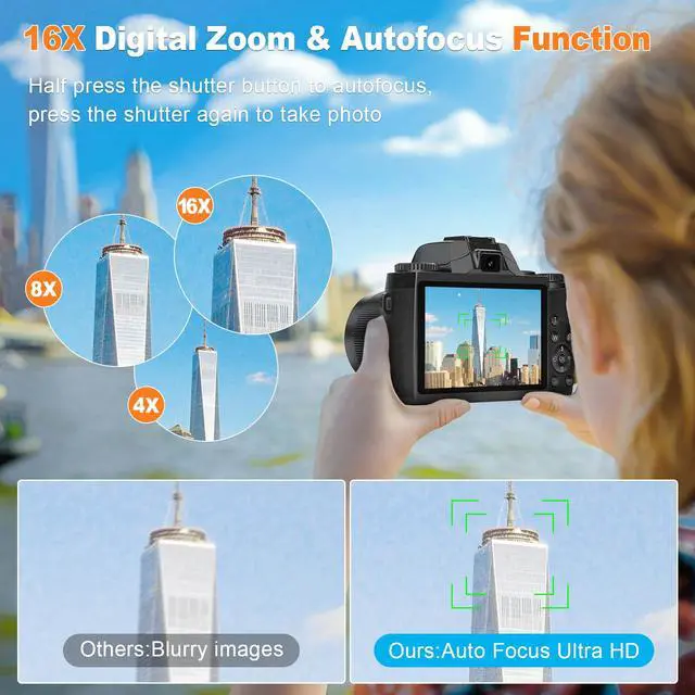 Alt view image 3 of 7 - 8K Digital Cameras for Photography,64MP WiFi Vlogging Camera for YouTube | 4" Touch Screen,Dual Lens,16X Digital Zoom,Flash,3000mAH Battery,Hot Shoe & 32GB TF Card