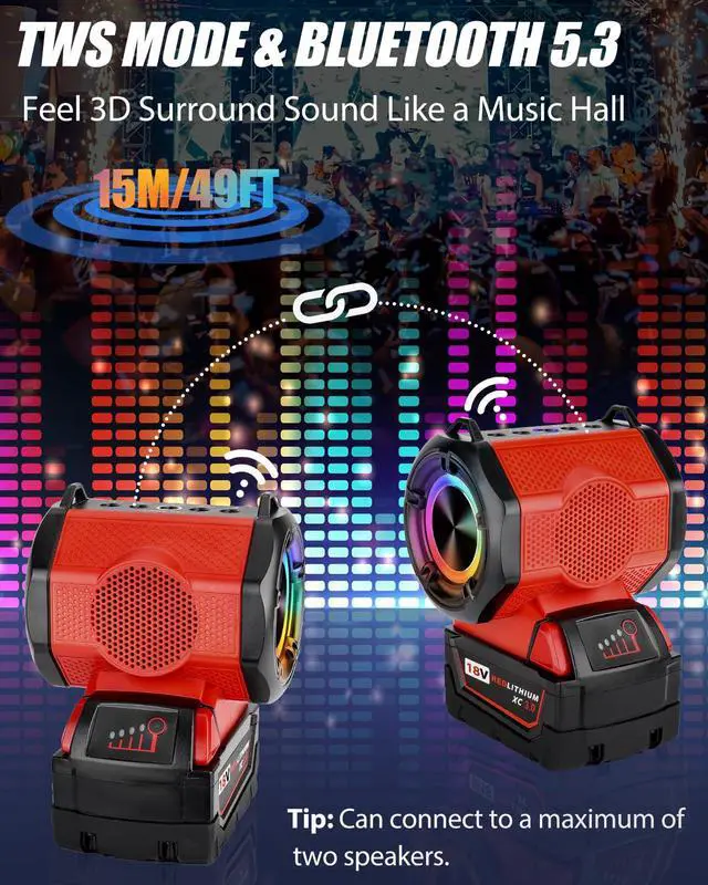 Alt view image 6 of 7 - Bluetooth Speaker for Milwaukee M18 18v Battery,30W Cordless Small Speaker for Jobsites, Home and Party (Battery not Included)