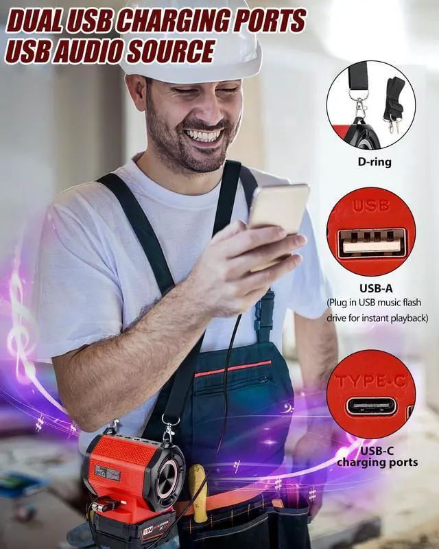 Alt view image 5 of 7 - Bluetooth Speaker for Milwaukee M18 18v Battery,30W Cordless Small Speaker for Jobsites, Home and Party (Battery not Included)
