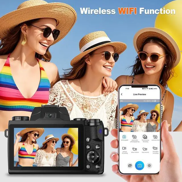 Alt view image 6 of 7 - 8K Digital Cameras for Photography,64MP WiFi Vlogging Camera for YouTube | 4" Touch Screen,Dual Lens,16X Digital Zoom,Flash,3000mAH Battery,Hot Shoe & 32GB TF Card