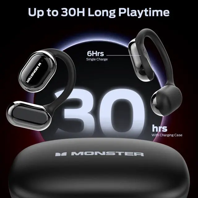 Alt view image 5 of 7 - Monster Open Free AC100 Open Ear Bluetooth 5.3 Headphones, Wireless Earbuds with Earhooks, Immersive Stereo Sound by 16mm Large Driver, Clear Calls, 30H Playtime, for Workout, Black