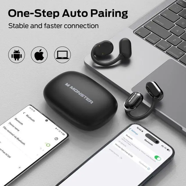 Alt view image 7 of 7 - Monster Open Free AC100 Open Ear Bluetooth 5.3 Headphones, Wireless Earbuds with Earhooks, Immersive Stereo Sound by 16mm Large Driver, Clear Calls, 30H Playtime, for Workout, Black