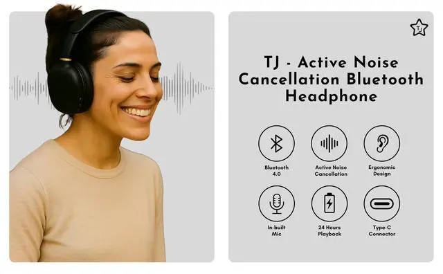 Alt view image 2 of 7 - Home Essentials Active Noise Cancellation Bluetooth Over Ear Headphones Leather Wireless Headset Wired Built-in MIC 24H Playtime High Res Audio Travel/Work/Students/Running/Gym(Black)
