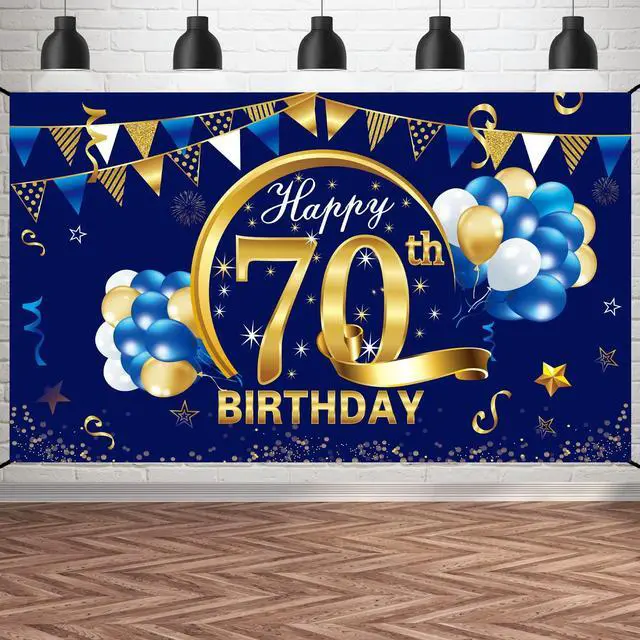 Main image of Happy 70th Birthday Banner Decorations for Men, Blue Gold 70 Birthday Backdrop Party Supplies, 70 Year Old Birthday Photo Background Sign