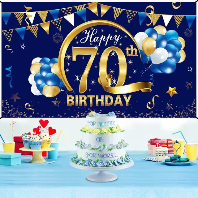 Alt view image 4 of 6 - Happy 70th Birthday Banner Decorations for Men, Blue Gold 70 Birthday Backdrop Party Supplies, 70 Year Old Birthday Photo Background Sign